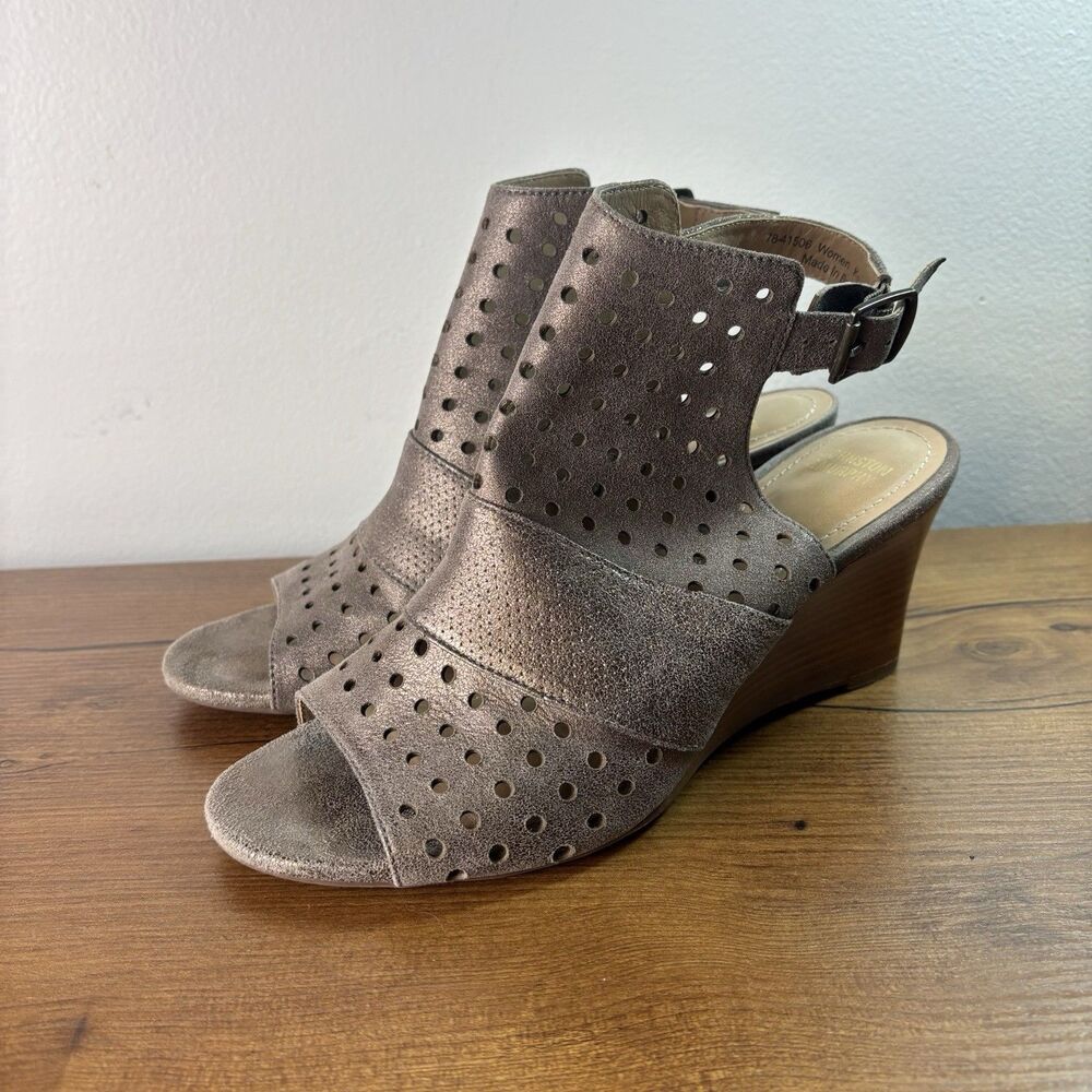 Johnston & Murphy 7 Pewter Bronze Metallic Laser Cut Slingback Wedge Sandals